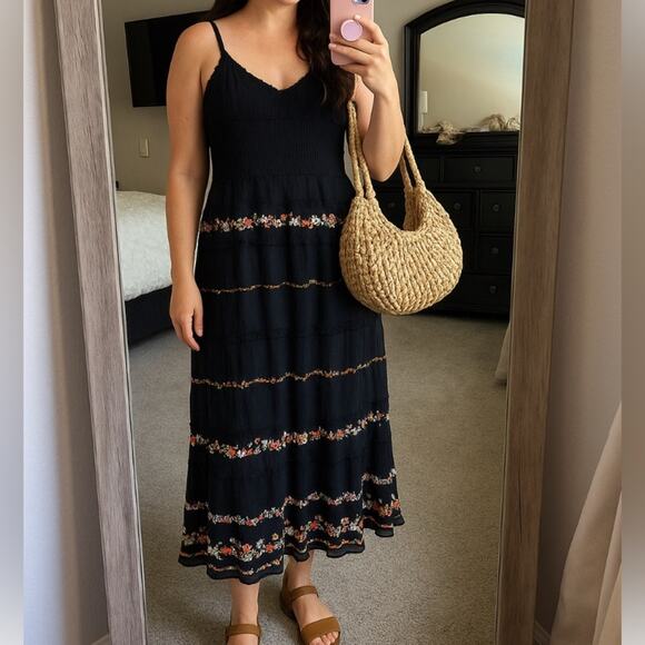 Vintage Y2K Spenser Jeremy Black Silk Beaded Midi Dress Size 4 Small - Picture 1 of 8